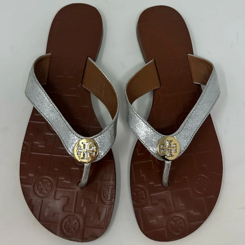 Tory Burch Silver Leather Flip Flop Sandals with Brown Footbed